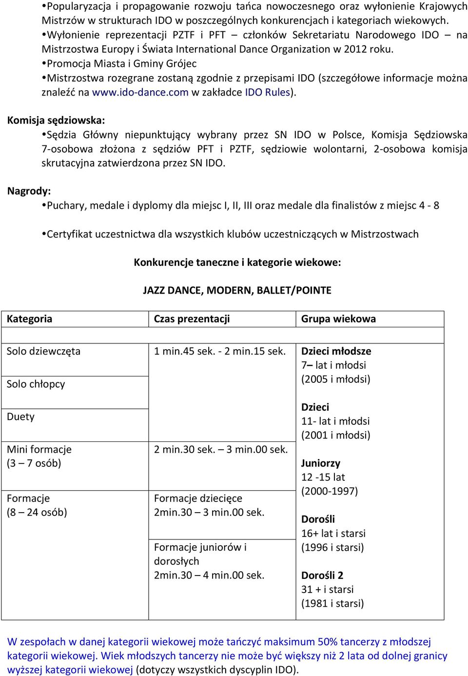 Promocja Miasta i Gminy Grójec Mistrzostwa rozegrane zostaną zgodnie z przepisami IDO (szczegółowe informacje można znaleźć na www.ido- dance.com w zakładce IDO Rules).