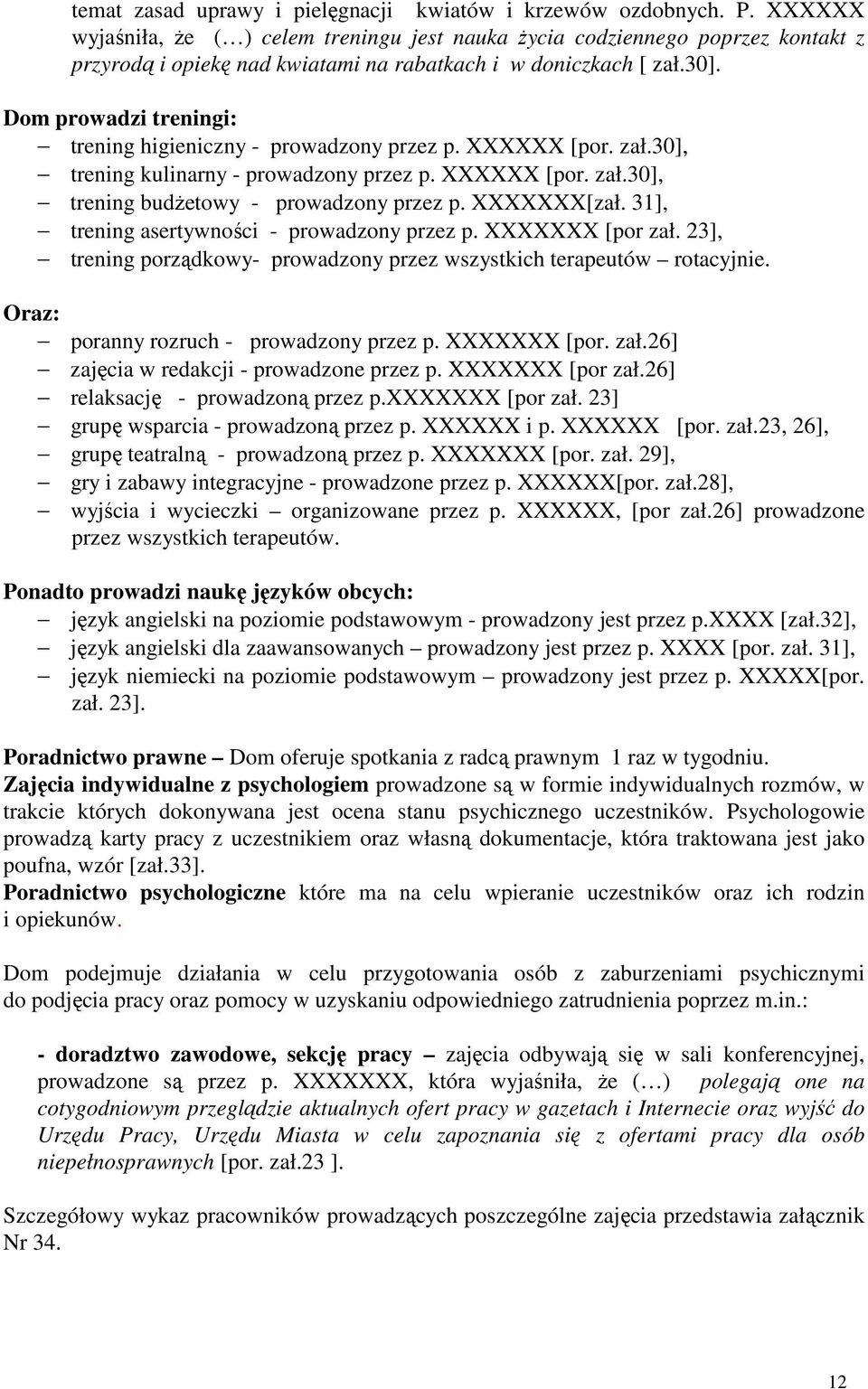 Dom prowadzi treningi: trening higieniczny - prowadzony przez p. XXXXXX [por. zał.30], trening kulinarny - prowadzony przez p. XXXXXX [por. zał.30], trening budŝetowy - prowadzony przez p.