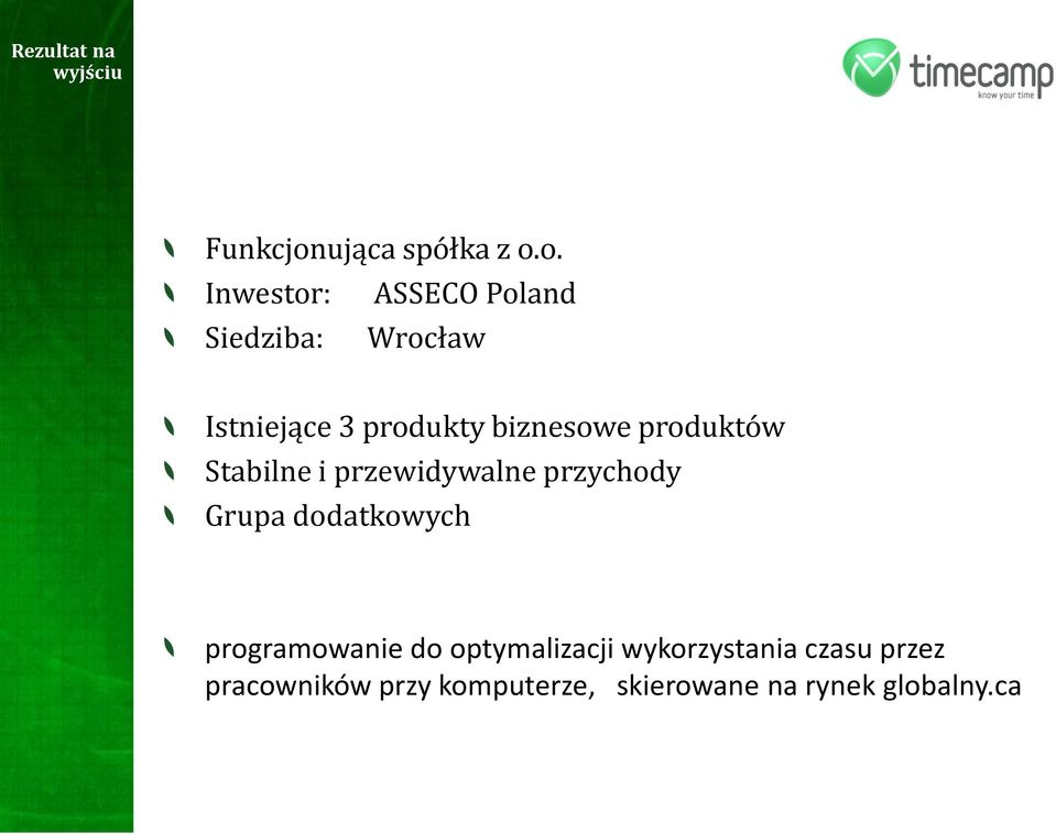 o. Inwestor: ASSECO Poland Siedziba: Wrocław Istniejące 3 produkty