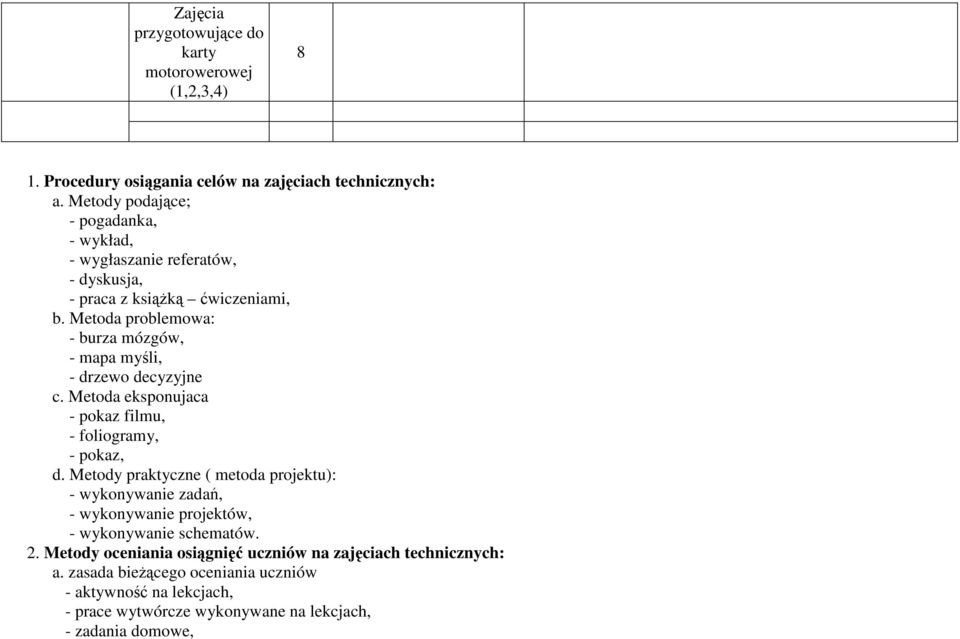 Metoda problemowa: - burza mózgów, - mapa myśli, - drzewo decyzyjne c. Metoda eksponujaca - pokaz filmu, - foliogramy, - pokaz, d.