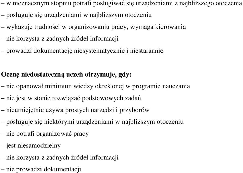 otrzymuje, gdy: nie opanował minimum wiedzy określonej w programie nauczania nie jest w stanie rozwiązać podstawowych zadań nieumiejętnie uŝywa prostych narzędzi i