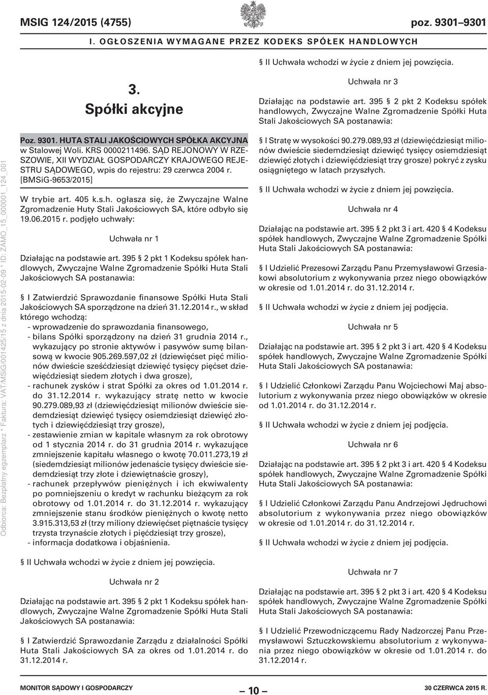 SĄD REJONOWY W RZE- SZOWIE, XII WYDZIAŁ GOSPODARCZY KRAJOWEGO REJE- STRU SĄDOWEGO, wpis do rejestru: 29 czerwca 2004 r. [BMSiG-9653/2015] W trybie art. 405 k.s.h.