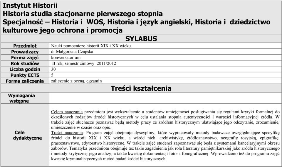 Prowadzący dr Małgorzata Czapska Forma zajęć konwersatorium Rok studiów II rok, semestr zimowy 2011/2012 Liczba godzin 30 Punkty ECTS 5 Forma zaliczenia zaliczenie z oceną, egzamin Wymagania wstępne