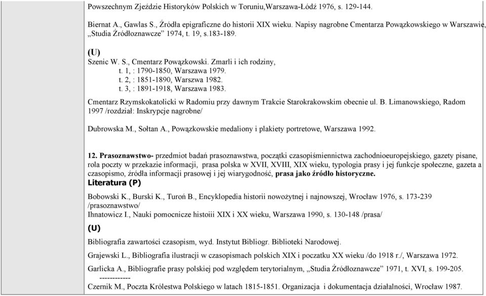 t. 3, : 1891-1918, Warszawa 1983. Cmentarz Rzymskokatolicki w Radomiu przy dawnym Trakcie Starokrakowskim obecnie ul. B. Limanowskiego, Radom 1997 /rozdział: Inskrypcje nagrobne/ Dubrowska M.