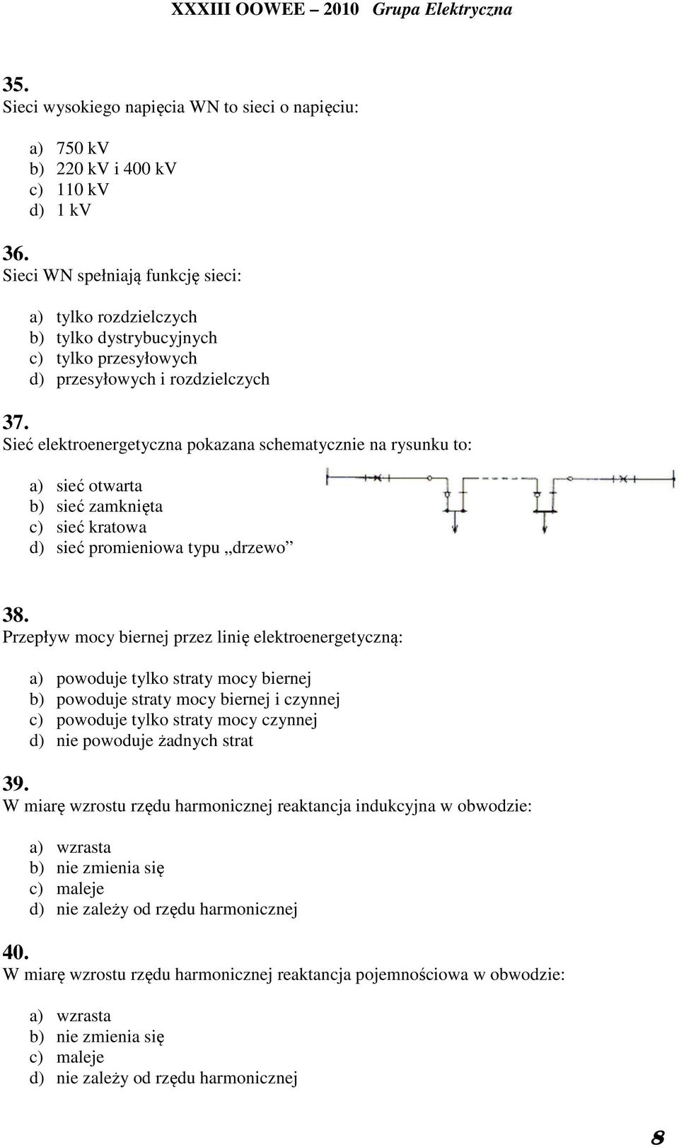 Sieć elektroenergetyczna pokazana schematycznie na rysunku to: a) sieć otwarta b) sieć zamknięta c) sieć kratowa d) sieć promieniowa typu drzewo 38.