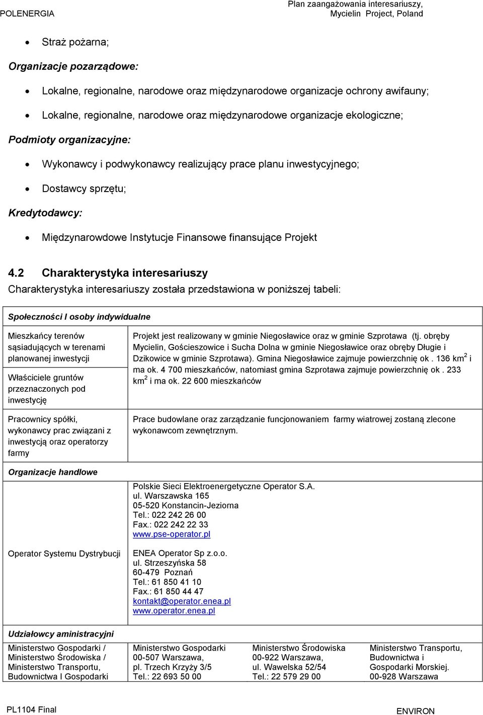 2 Charakterystyka interesariuszy Charakterystyka interesariuszy została przedstawiona w poniższej tabeli: Społeczności I osoby indywidualne Mieszkańcy terenów sąsiadujących w terenami planowanej