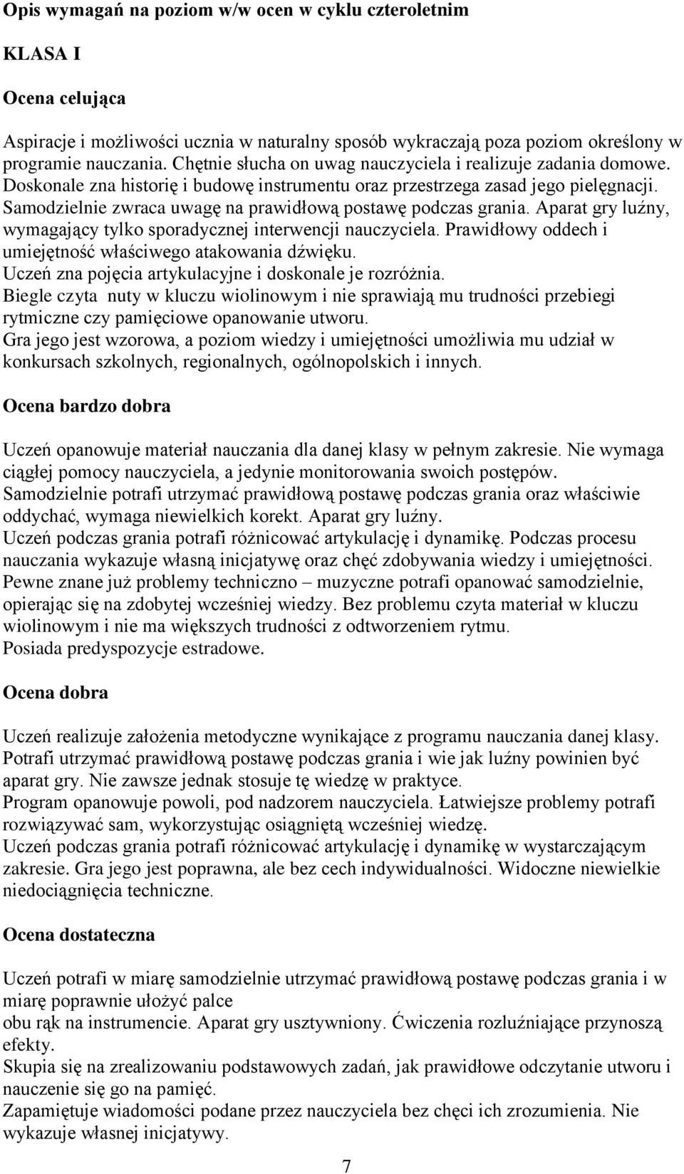Samodzielnie zwraca uwagę na prawidłową postawę podczas grania. Aparat gry luźny, wymagający tylko sporadycznej interwencji nauczyciela. Prawidłowy oddech i umiejętność właściwego atakowania dźwięku.
