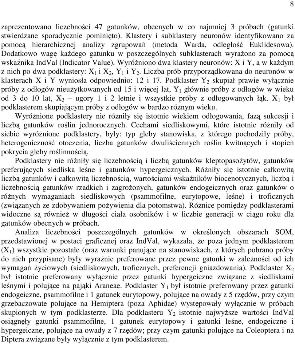 Dodatkowo wagę każdego gatunku w poszczególnych subklasterach wyrażono za pomocą wskaźnika IndVal (Indicator Value).