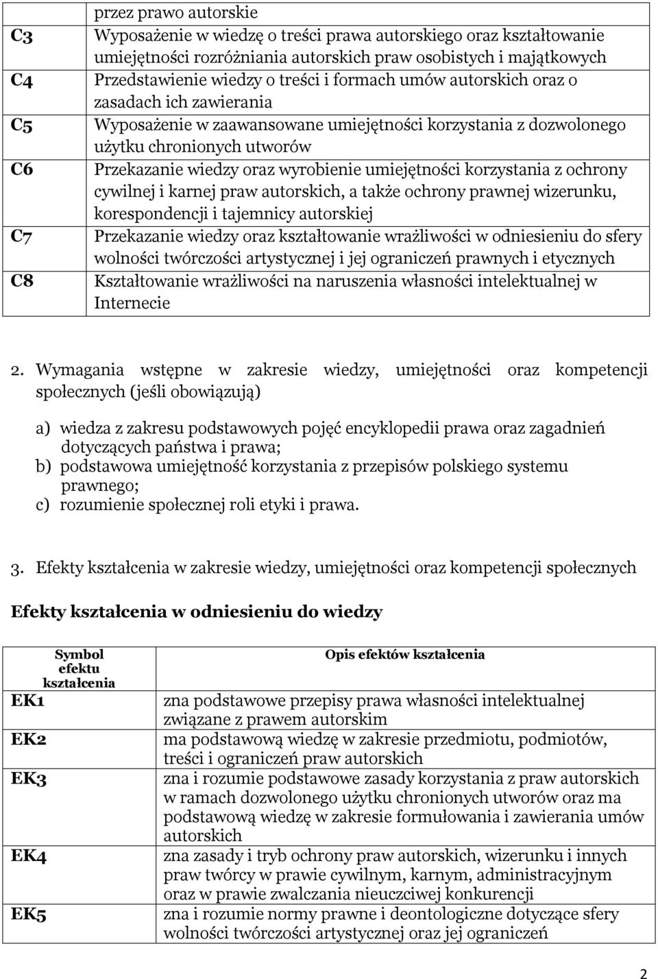 umiejętności korzystania z ochrony cywilnej i karnej praw autorskich, a także ochrony prawnej wizerunku, korespondencji i tajemnicy autorskiej Przekazanie wiedzy oraz kształtowanie wrażliwości w