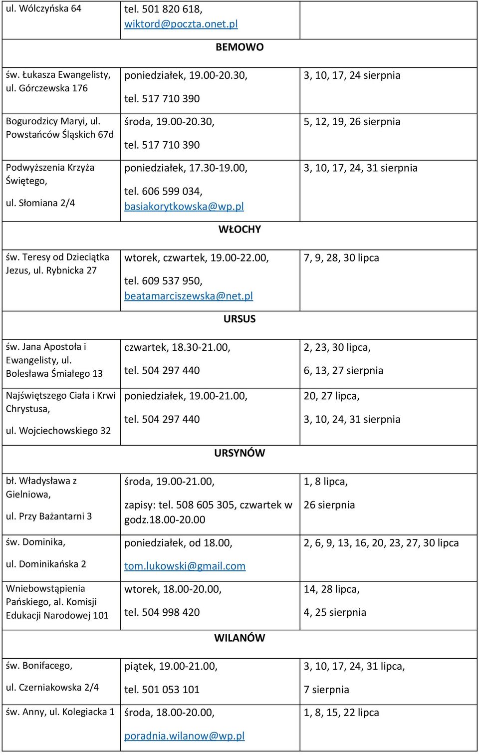 Władysława z Gielniowa, ul. Przy Bażantarni 3 św. Dominika, ul. Dominikańska 2 Wniebowstąpienia Pańskiego, al. Komisji Edukacji Narodowej 101 św. Bonifacego, ul. Czerniakowska 2/4 poniedziałek, 19.