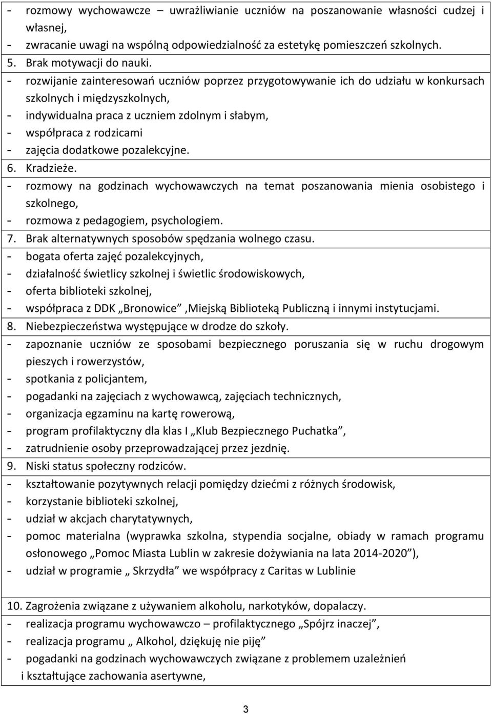 dodatkowe pozalekcyjne. 6. Kradzieże. - rozmowy na godzinach wychowawczych na temat poszanowania mienia osobistego i szkolnego, - rozmowa z pedagogiem, psychologiem. 7.