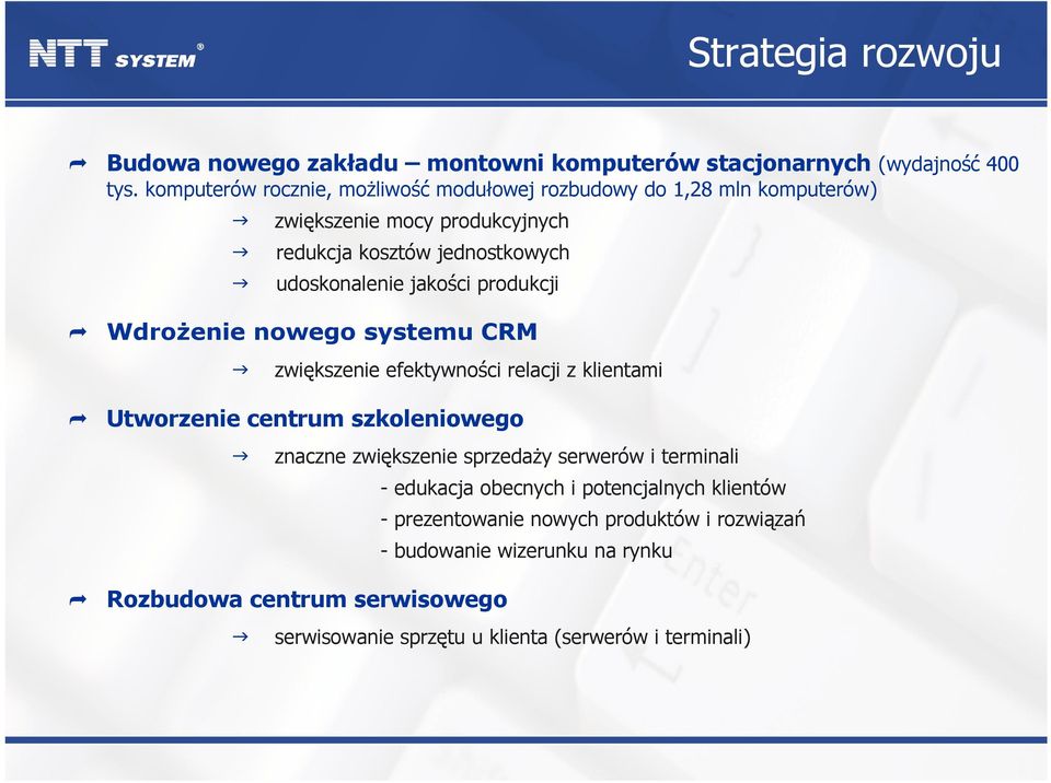 jakości produkcji Wdrożenie nowego systemu CRM zwiększenie efektywności relacji z klientami Utworzenie centrum szkoleniowego znaczne zwiększenie sprzedaży