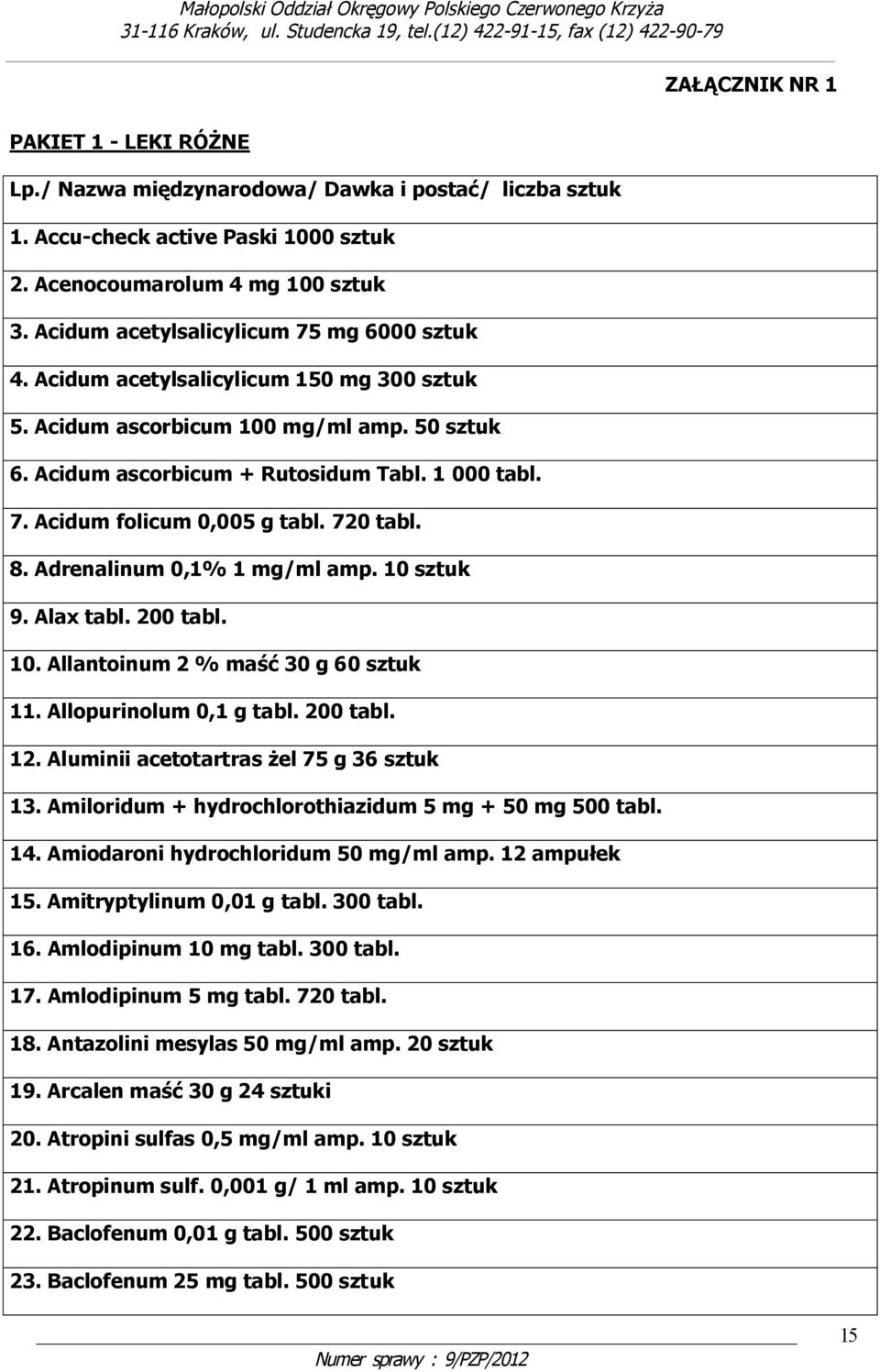 720 tabl. 8. Adrenalinum 0,1% 1 mg/ml amp. 10 sztuk 9. Alax tabl. 200 tabl. 10. Allantoinum 2 % maść 30 g 60 sztuk 11. Allopurinolum 0,1 g tabl. 200 tabl. 12.