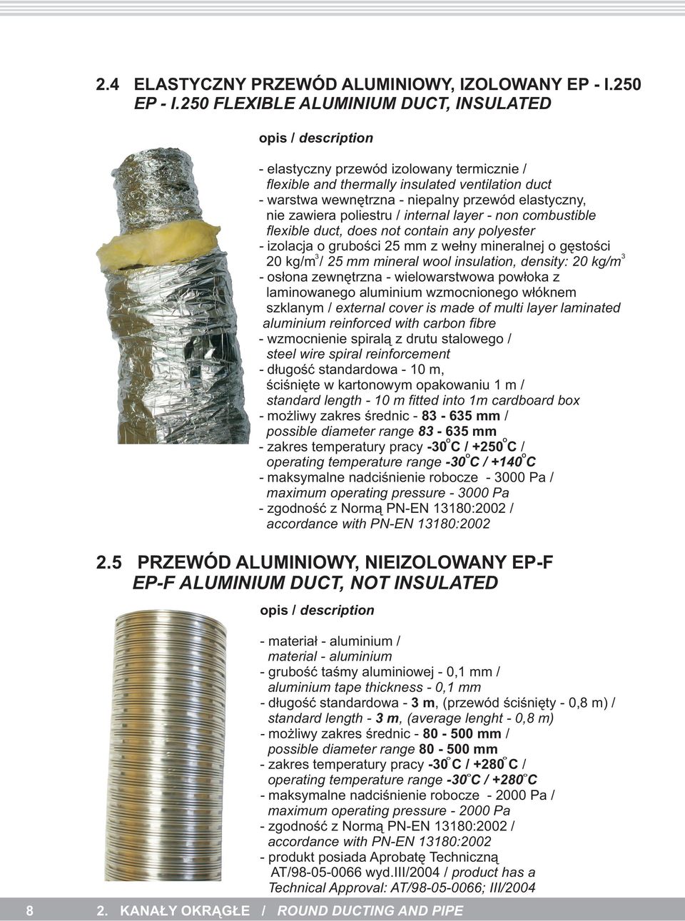 poliestru / internal layer - non combustible flexible duct, does not contain any polyester - izolacja o gruboœci 25 mm z we³ny mineralnej o gêstoœci 3 3 20 kg/m / 25 mm mineral wool insulation,