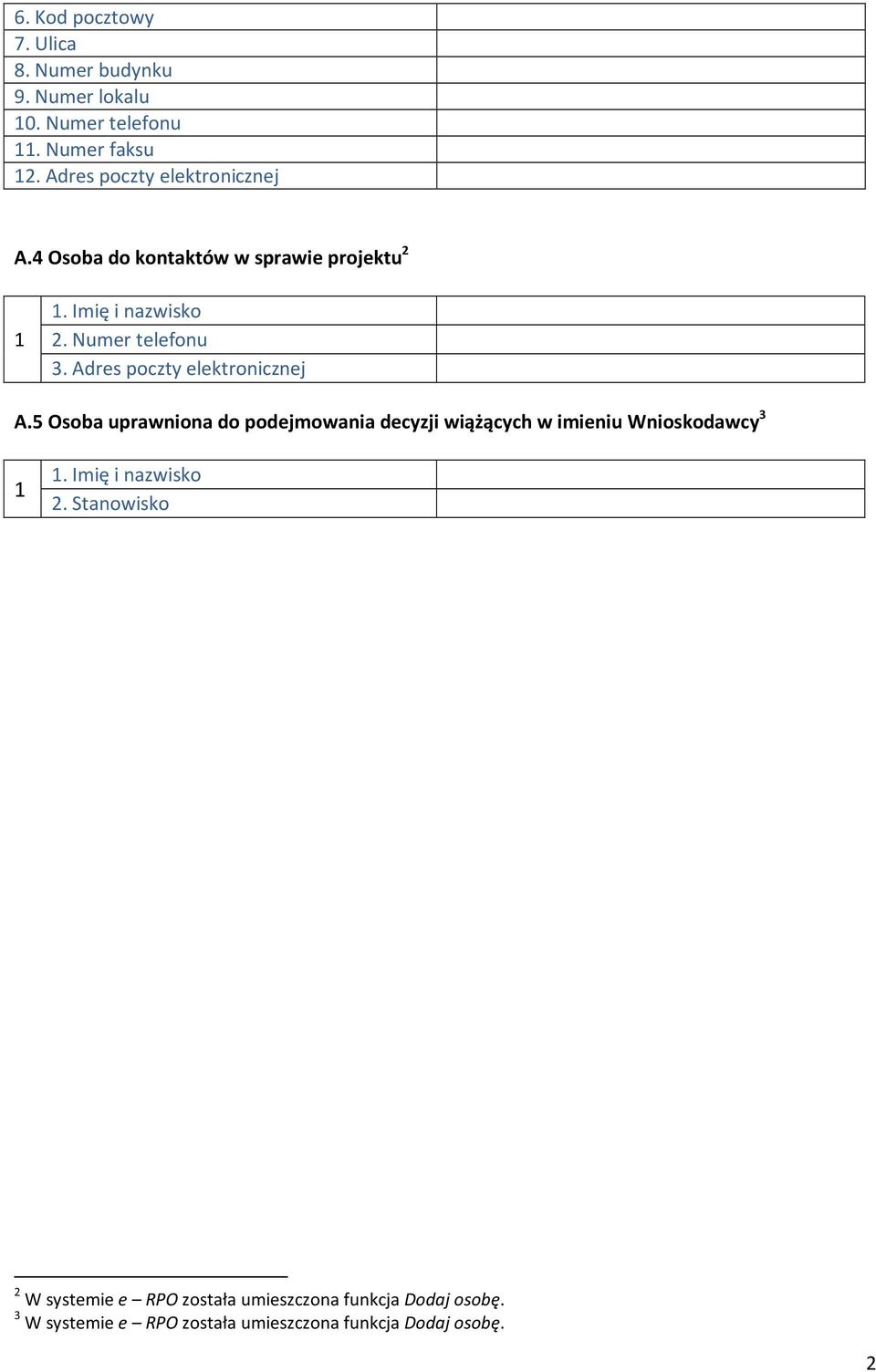 Adres poczty elektronicznej A.5 Osoba uprawniona do podejmowania decyzji wiążących w imieniu Wnioskodawcy 3.