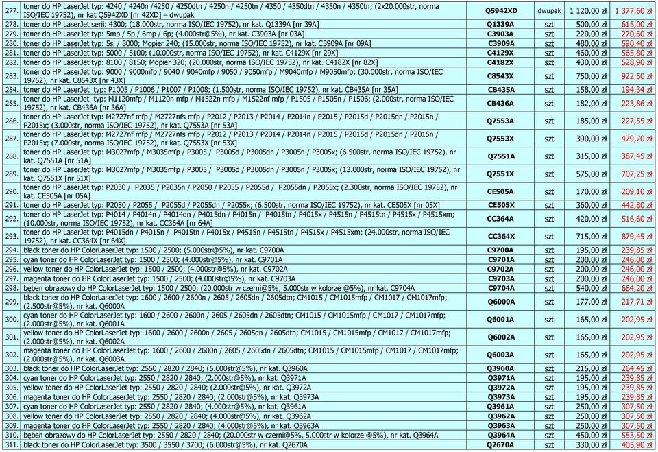 Q1339A [nr 39A] Q1339A szt 500,00 zł 615,00 zł 279. toner do HP LaserJet typ: 5mp / 5p / 6mp / 6p; (4.000str@5%), nr kat. C3903A [nr 03A] C3903A szt 220,00 zł 270,60 zł 280.