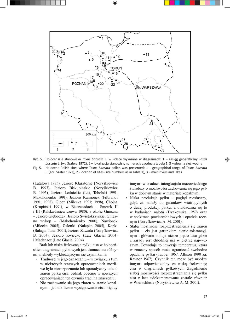 Holocene Polish sites where Taxus baccata pollen was presented; 1 geographical range of Taxus baccata L. (acc.