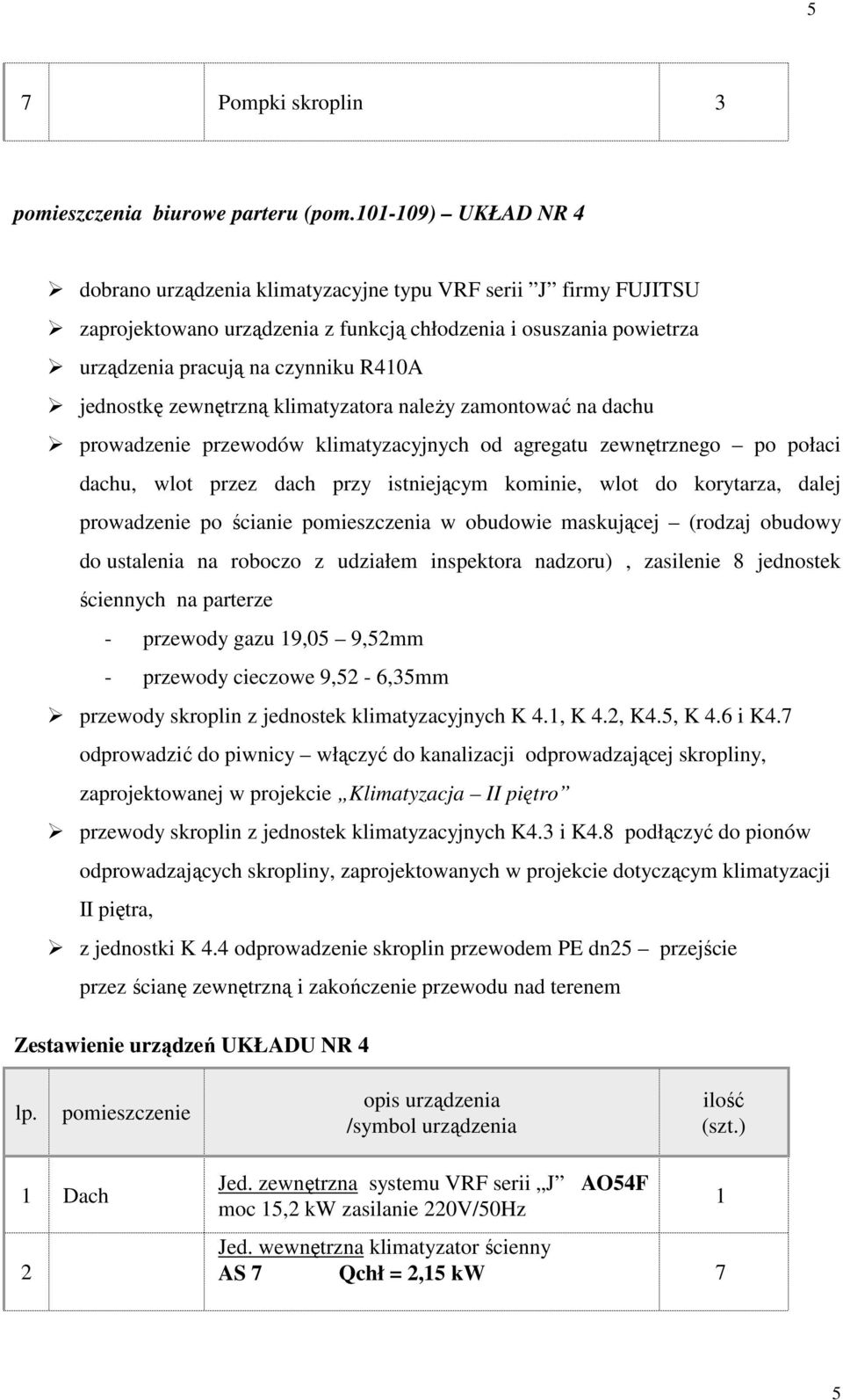 zewnętrzną klimatyzatora naleŝy zamontować na dachu prowadzenie przewodów klimatyzacyjnych od agregatu zewnętrznego po połaci dachu, wlot przez dach przy istniejącym kominie, wlot do korytarza, dalej