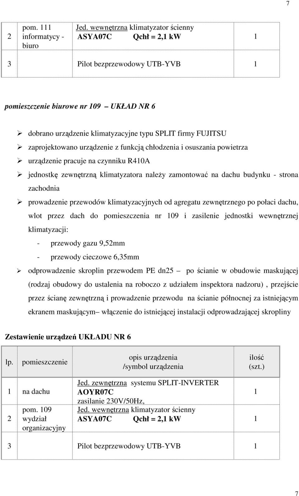 i osuszania powietrza urządzenie pracuje na czynniku R40A jednostkę zewnętrzną klimatyzatora naleŝy zamontować na dachu budynku - strona zachodnia prowadzenie przewodów klimatyzacyjnych od agregatu