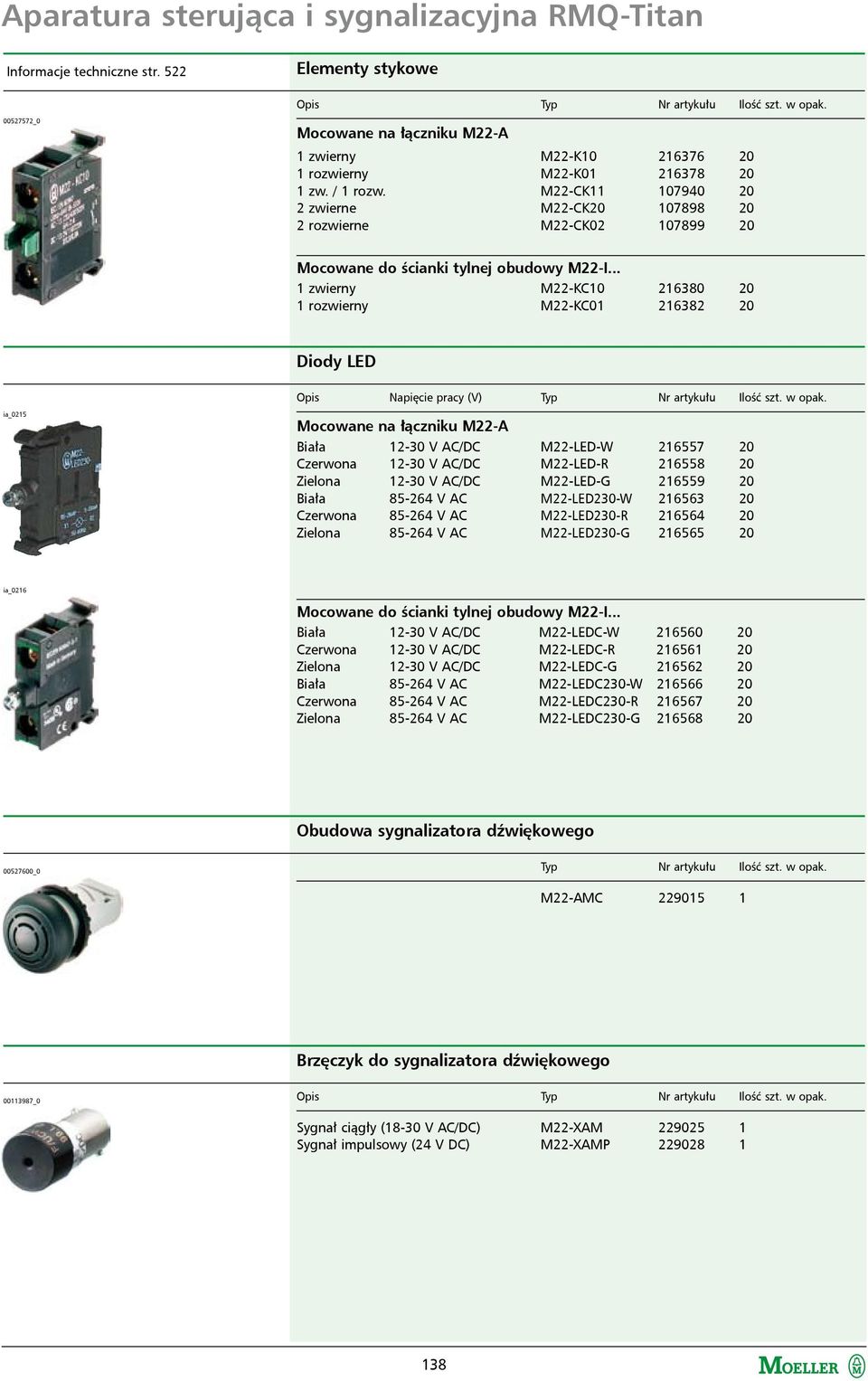 .. 1 zwierny 1 rozwierny M22-KC10 216380 20 M22-KC01 216382 20 Diody LED Opis Napięcie pracy (V) Typ Nr artykułu Ilość szt. w opak.