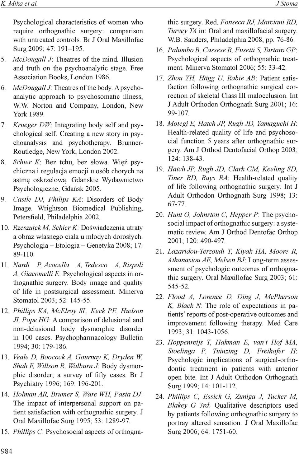 A psychoanalytic approach to psychosomatic illness, W.W. Norton and Company, London, New York 1989. 7. Krueger DW: Integrating body self and psychological self.