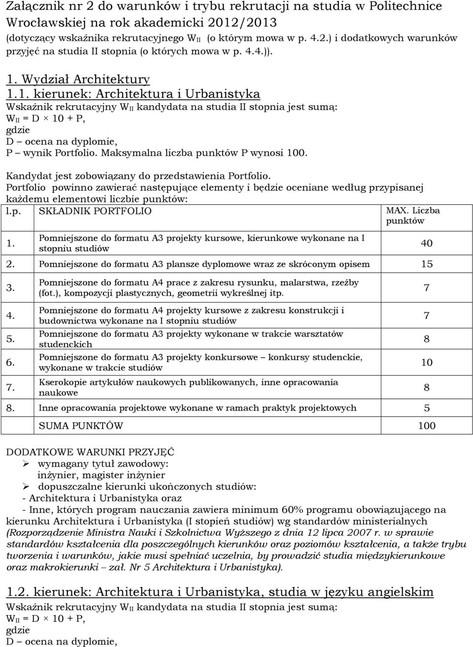 Kandydat jest zobowiązany do przedstawienia Portfolio. Portfolio powinno zawierać następujące elementy i będzie oceniane według przypisanej kaŝdemu elementowi liczbie punktów: l.p. SKŁADNIK PORTFOLIO MAX.