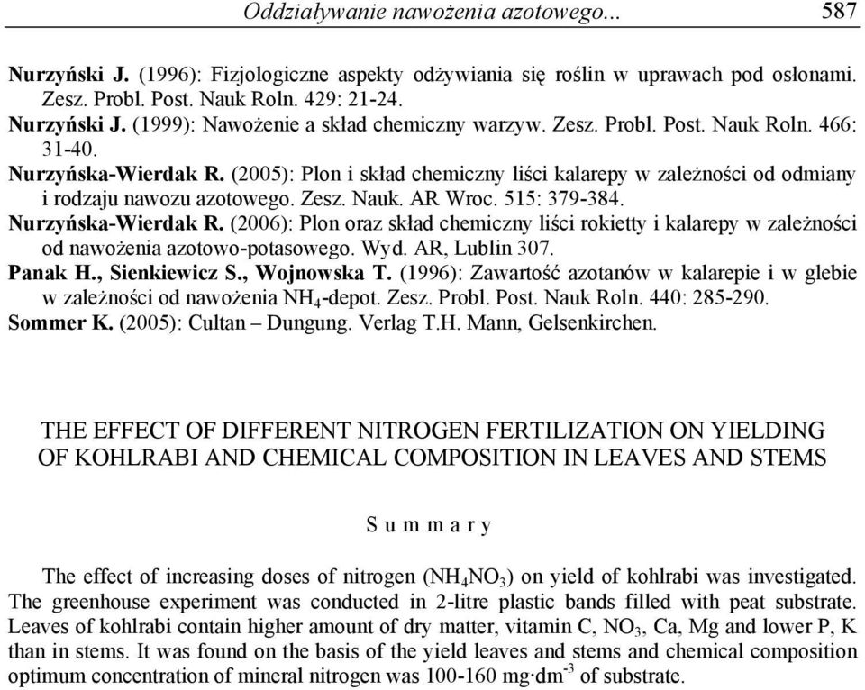 Nurzyńska-Wierdak R. (2006): Plon oraz skład chemiczny liści rokietty i kalarepy w zależności od nawożenia azotowo-potasowego. Wyd. AR, Lublin 307. Panak H., Sienkiewicz S., Wojnowska T.