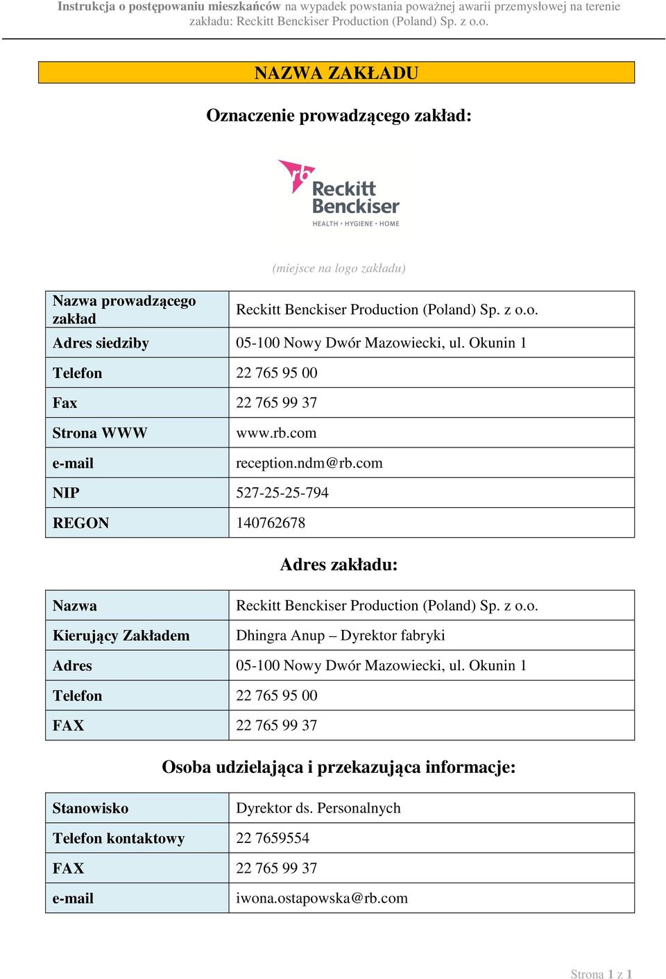 com NIP 527-25-25-794 REGON 140762678 Adres zakładu: Nazwa Kierujący Zakładem Reckitt Benckiser Production (Poland) Sp. z o.o. Dhingra Anup Dyrektor fabryki Adres 05-100 Nowy Dwór Mazowiecki, ul.