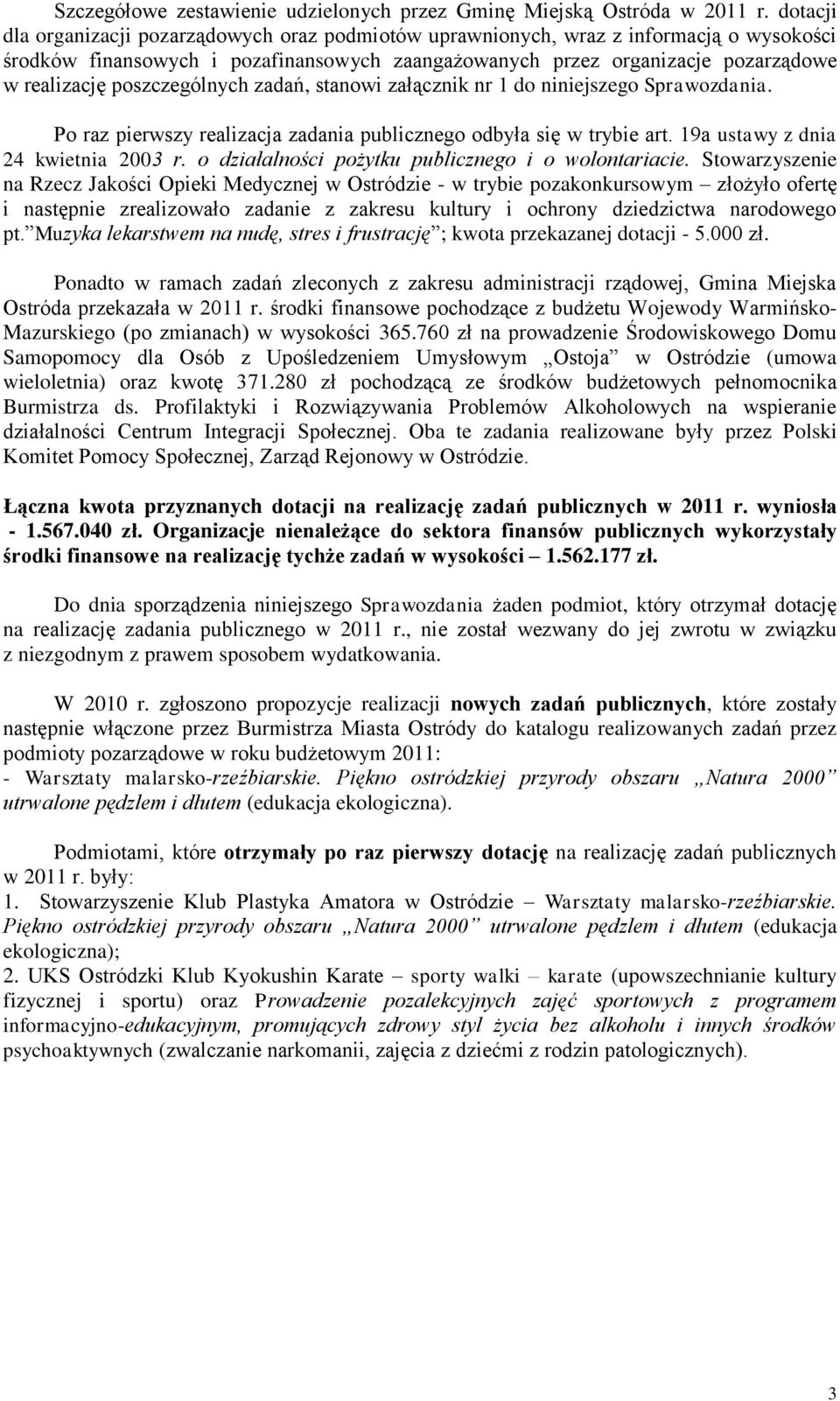 poszczególnych zadań, stanowi załącznik nr 1 do niniejszego Sprawozdania. Po raz pierwszy realizacja zadania publicznego odbyła się w trybie art. 19a ustawy z dnia 24 kwietnia 2003 r.