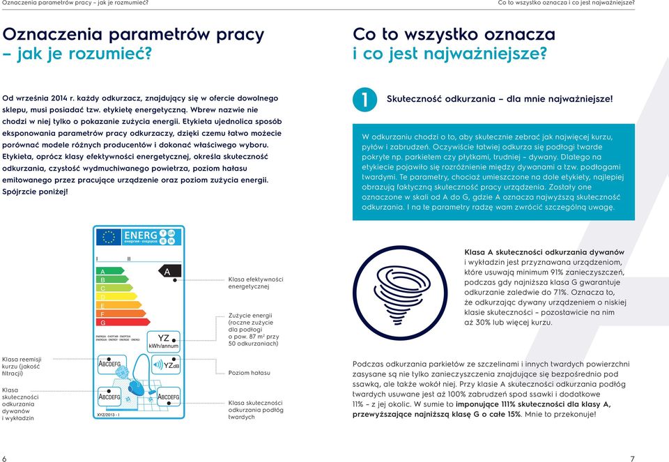 Etykieta ujednolica sposób eksponowania parametrów pracy odkurzaczy, dzięki czemu łatwo możecie porównać modele różnych producentów i dokonać właściwego wyboru.