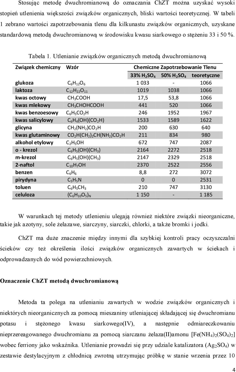 Utlenianie związków organicznych metodą dwuchromianową Związek chemiczny Wzór Chemiczne Zapotrzebowanie Tlenu 33% H 2 SO 4 50% H 2 SO 4 teoretyczne glukoza C 6 H 12 O 6 1 033-1066 laktoza C 12 H 22 O