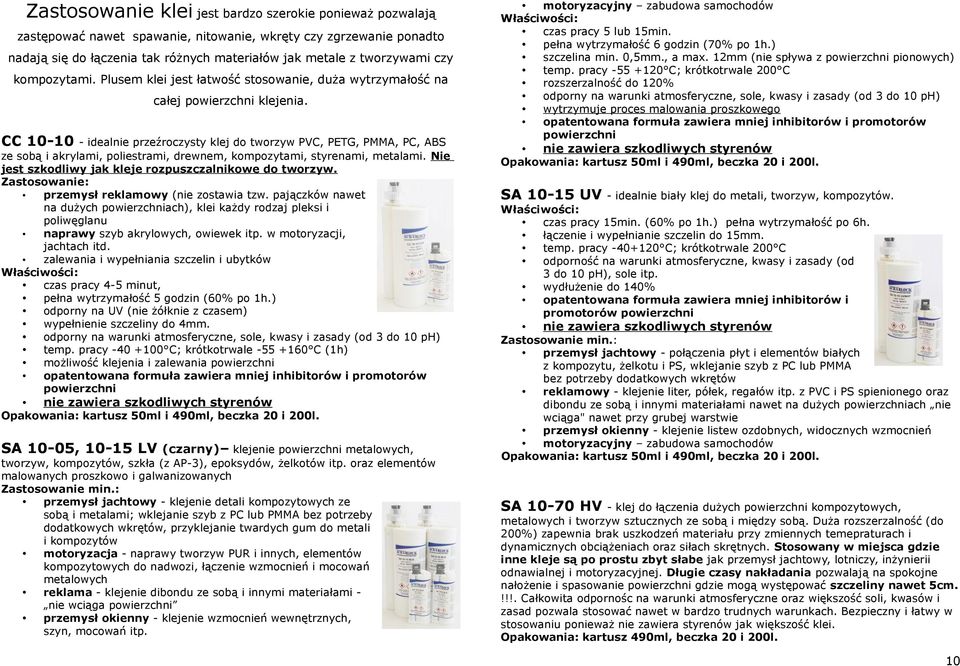 CC 10-10 - idealnie przeźroczysty klej do tworzyw PVC, PETG, PMMA, PC, ABS ze sobą i akrylami, poliestrami, drewnem, kompozytami, styrenami, metalami.