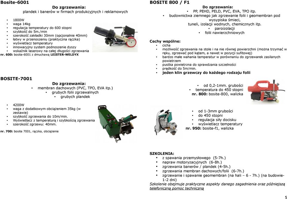 600: bosite-6001 z dmuchawą LEISTER-WELDYX BOSITE-7001 Do zgrzewania: membran dachowych (PVC, TPO, EVA itp.