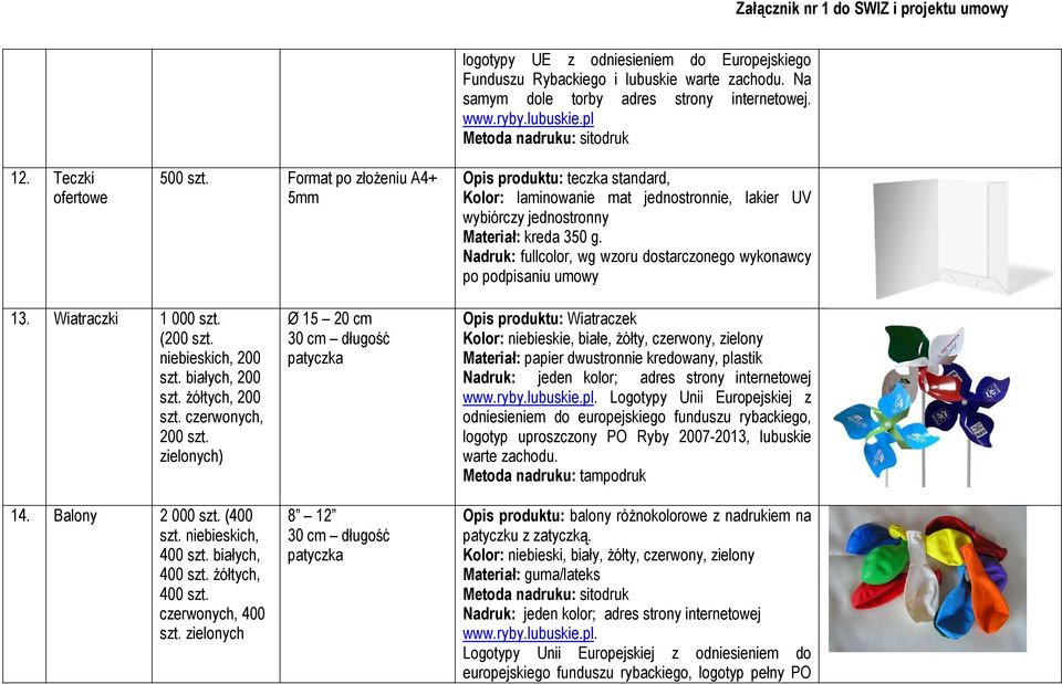 Nadruk: fullcolor, wg wzoru dostarczonego wykonawcy po podpisaniu umowy 13. Wiatraczki 1 000 szt. (200 szt. niebieskich, 200 szt. białych, 200 szt. żółtych, 200 szt. czerwonych, 200 szt.