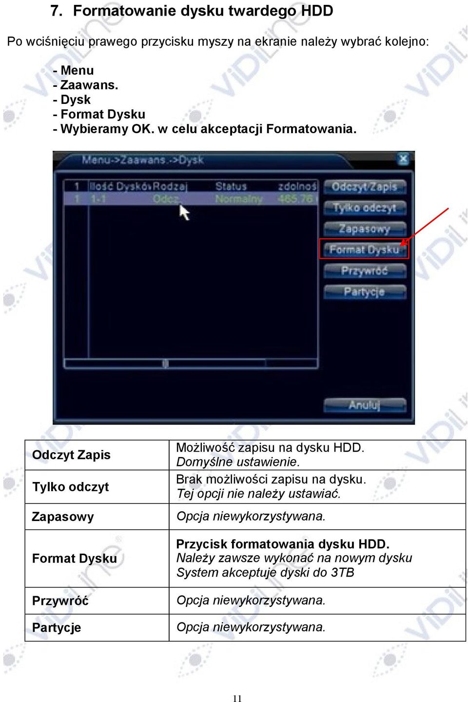 Odczyt Zapis Tylko odczyt Zapasowy Format Dysku Przywróć Partycje Możliwość zapisu na dysku HDD. Domyślne ustawienie.