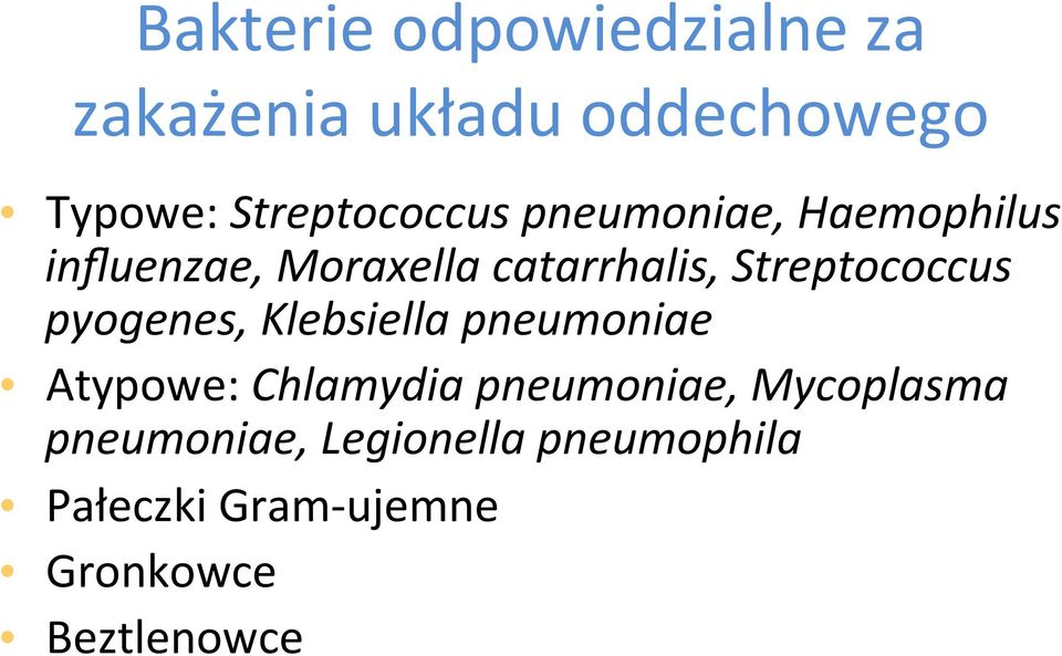 Streptococcus pyogenes, Klebsiella pneumoniae Atypowe: Chlamydia