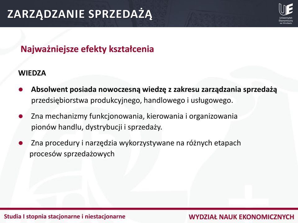 Zna mechanizmy funkcjonowania, kierowania i organizowania pionów handlu, dystrybucji i