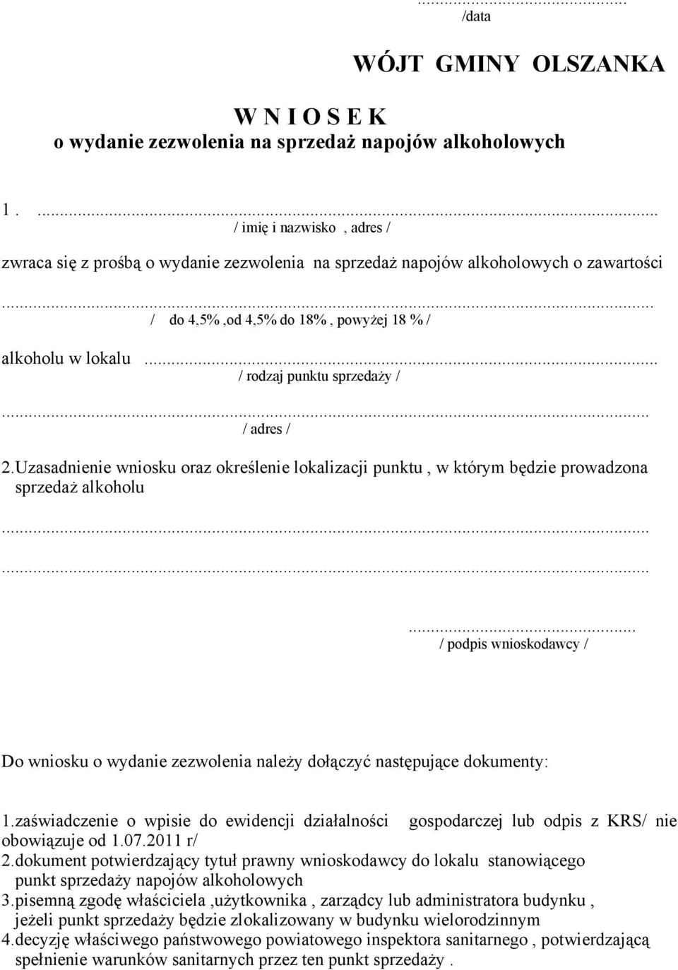 .. / rodzaj punktu sprzedaży / / adres / 2.Uzasadnienie wniosku oraz określenie lokalizacji punktu, w którym będzie prowadzona sprzedaż alkoholu.