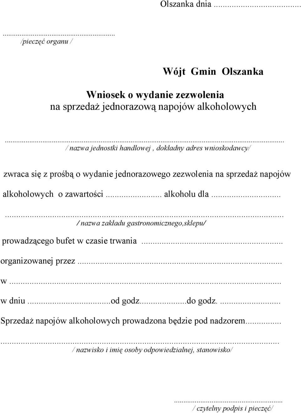 zawartości... alkoholu dla...... / nazwa zakładu gastronomicznego,sklepu/ prowadzącego bufet w czasie trwania... organizowanej przez... w... w dniu.