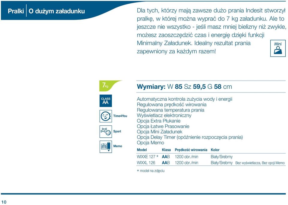 Wymiary: W 8 Sz 9, G 8 cm Time4You Sport Memo utomatyczna kontrola zu ycia wody i energii Regulowana prêdkoœæ wirowania Regulowana temperatura prania Wyœwietlacz elektroniczny Opcja Extra P ukanie