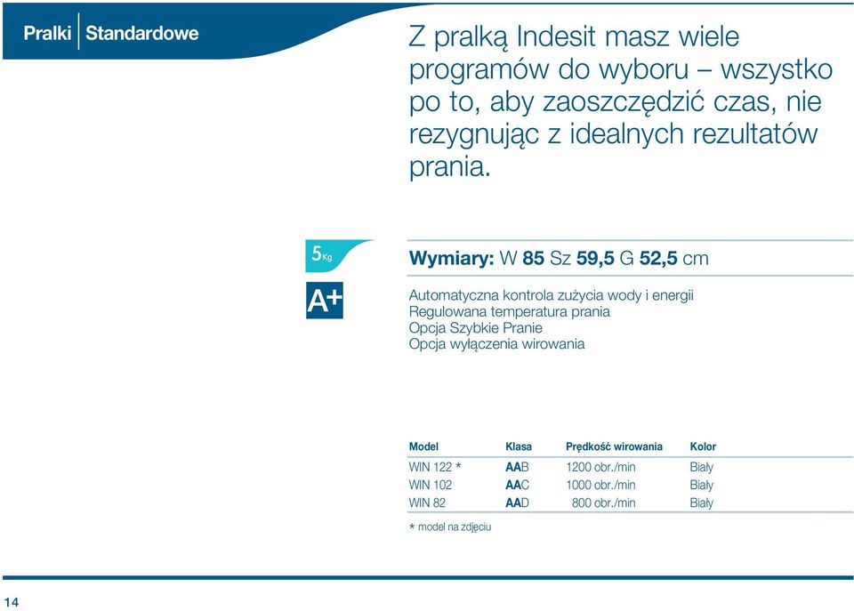 Wymiary: W 8 Sz 9, G 2, cm utomatyczna kontrola zu ycia wody i energii Regulowana temperatura prania Opcja