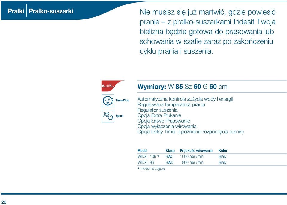 Wymiary: W 8 Sz 60 G 60 cm Time4You Sport utomatyczna kontrola zu ycia wody i energii Regulowana temperatura prania Regulator suszenia Opcja Extra