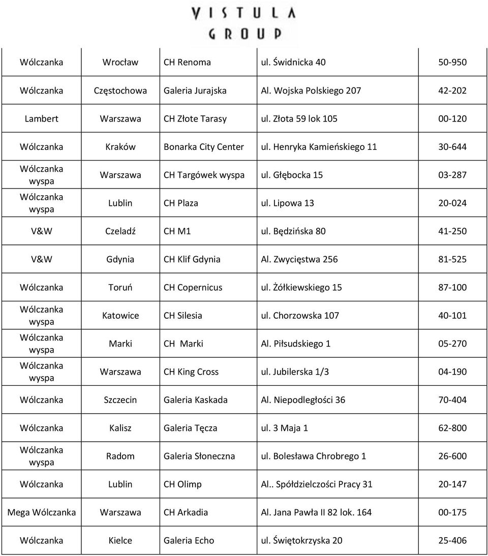 Zwycięstwa 256 81-525 Toruo CH Copernicus ul. Żółkiewskiego 15 87-100 Katowice CH Silesia ul. Chorzowska 107 40-101 Marki CH Marki Al. Piłsudskiego 1 05-270 Warszawa CH King Cross ul.