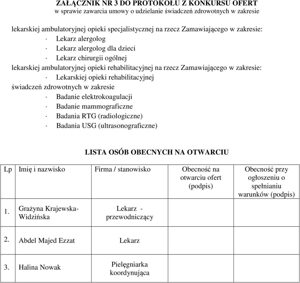 elektrokoagulacji Badanie mammograficzne Badania RTG (radiologiczne) Badania USG (ultrasonograficzne) LISTA OSÓB OBECNYCH NA OTWARCIU Lp Imię i nazwisko Firma / stanowisko Obecność na