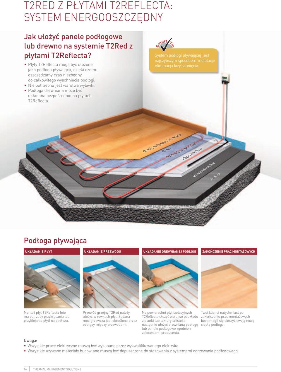 Podłoga drewniana może być układana bezpośrednio na płytach T2Reflecta. Smart Tip System podłogi pływającej jest najszybszym sposobem instalacji: eliminacja fazy schnięcia.