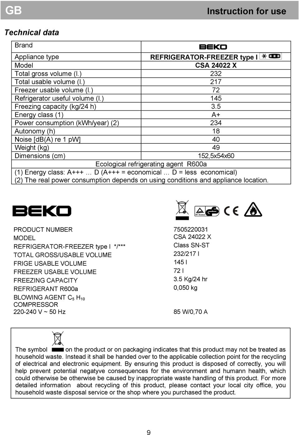 5 Energy class (1) A+ Power consumption (kwh/year) (2) 234 Autonomy (h) 18 Noise [db(a) re 1 pw] 40 Weight (kg) 49 Dimensions (cm) 152,5x54x60 Ecological refrigerating agent R600a (1) Energy class: