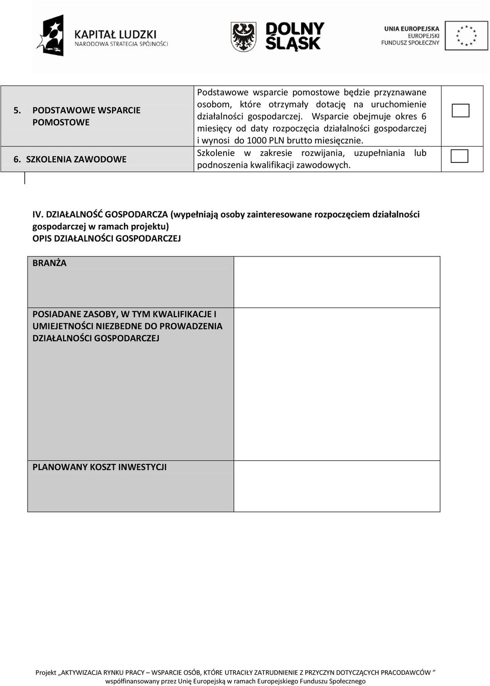 Wsparcie obejmuje okres 6 miesięcy od daty rozpoczęcia działalności gospodarczej i wynosi do 1000 PLN brutto miesięcznie.