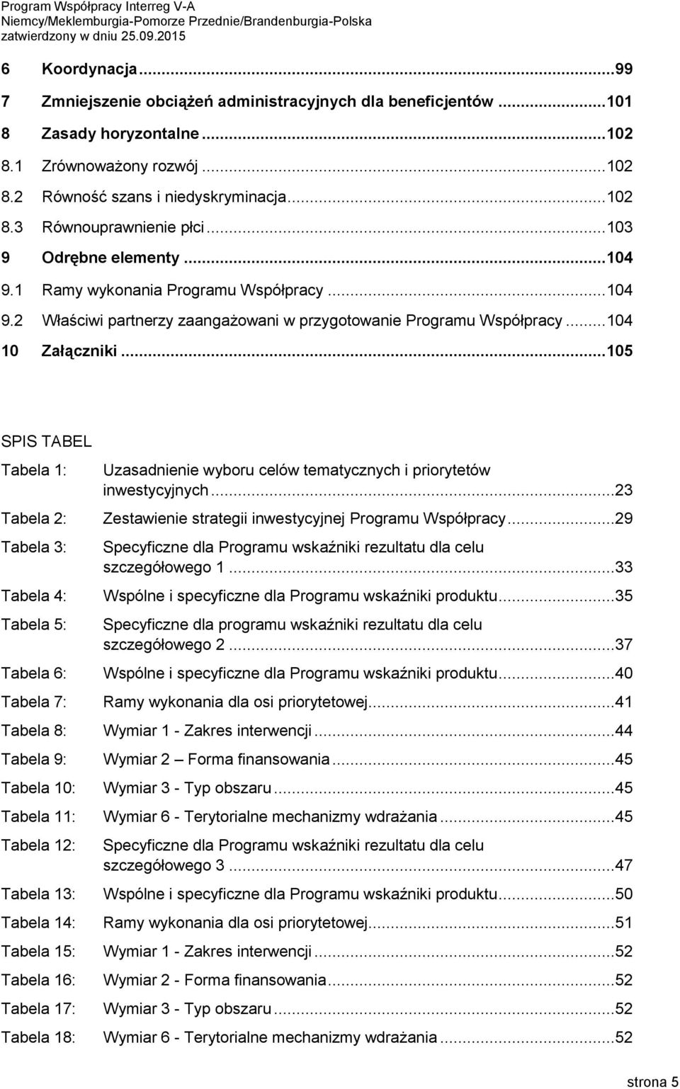 .. 105 SPIS TABEL Tabela 1: Uzasadnienie wyboru celów tematycznych i priorytetów inwestycyjnych...23 Tabela 2: Zestawienie strategii inwestycyjnej Programu Współpracy.