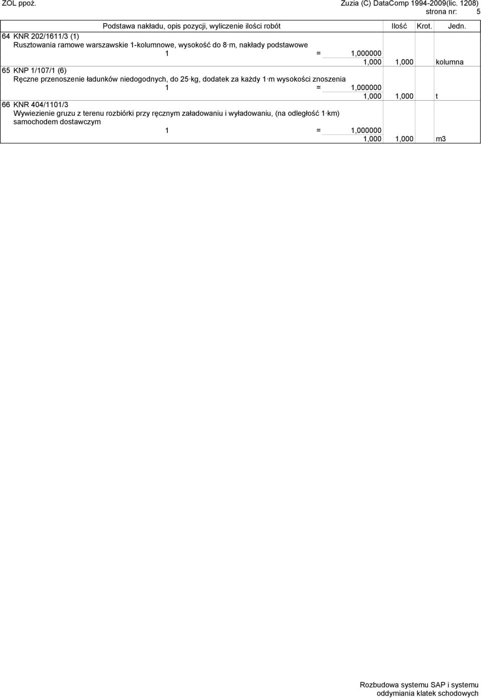 dodatek za każdy 1 m wysokości znoszenia 1,000 1,000 t 66 KNR 404/1101/3 Wywiezienie gruzu z terenu