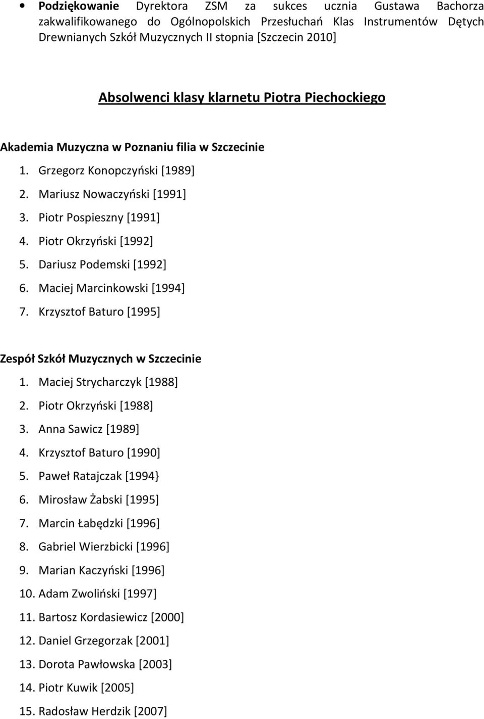 Piotr Okrzyński [1992] 5. Dariusz Podemski [1992] 6. Maciej Marcinkowski [1994] 7. Krzysztof Baturo [1995] Zespół Szkół Muzycznych w Szczecinie 1. Maciej Strycharczyk [1988] 2.